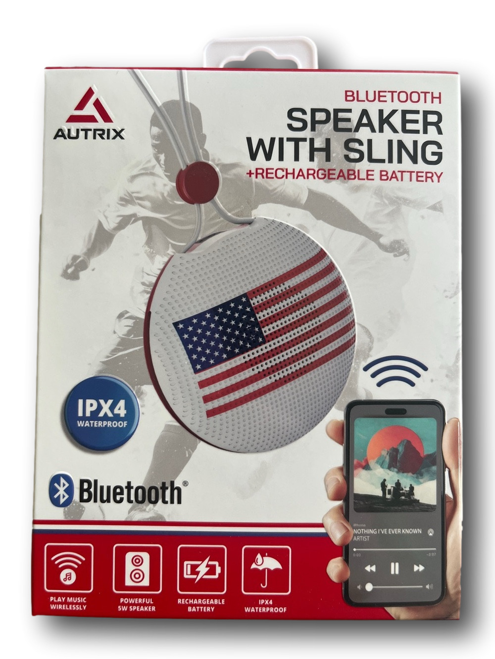 Autrix Bluetooth Portable Speaker with Sling - White with American Flag